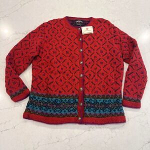 Lost Horizons Nepal NEW Cardigan Sweater Womens L Red Wool Hand Knit Pockets
